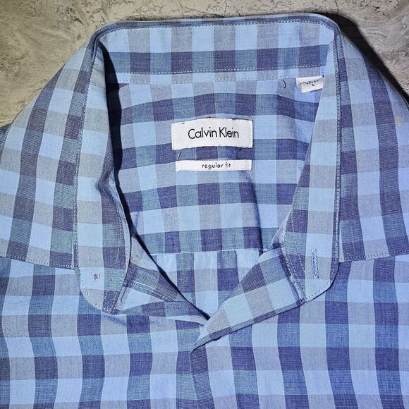 Men’s Calvin Klein Dress Shirt Large Long sleeve Blue And Grey Check Regular Fit - Picture 3 of 8